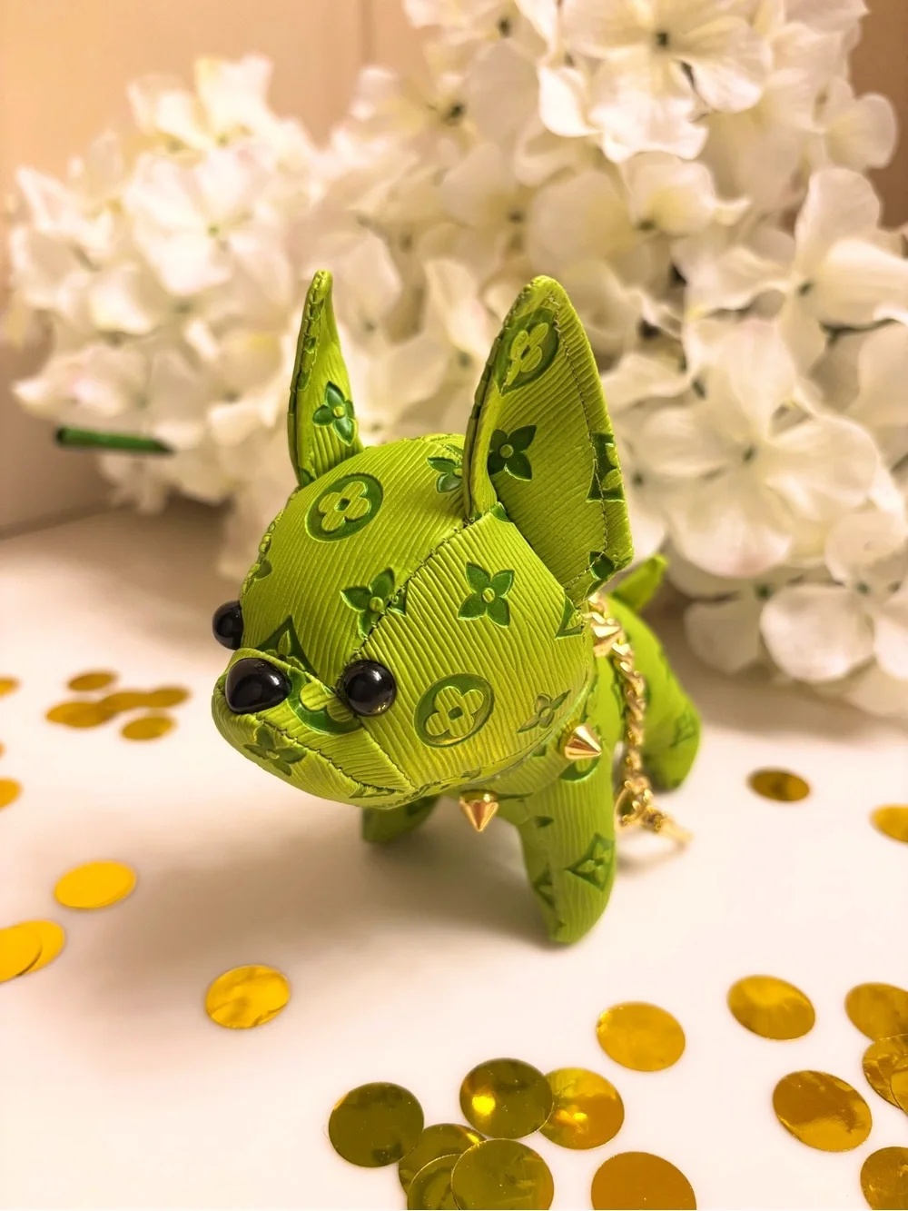 Bag Charm/Keychain adorable neon green Frenchie dog with gold tone accents! New